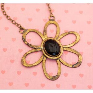Vintage Black Center Gold Tone Floral Necklace 32 inch - X16